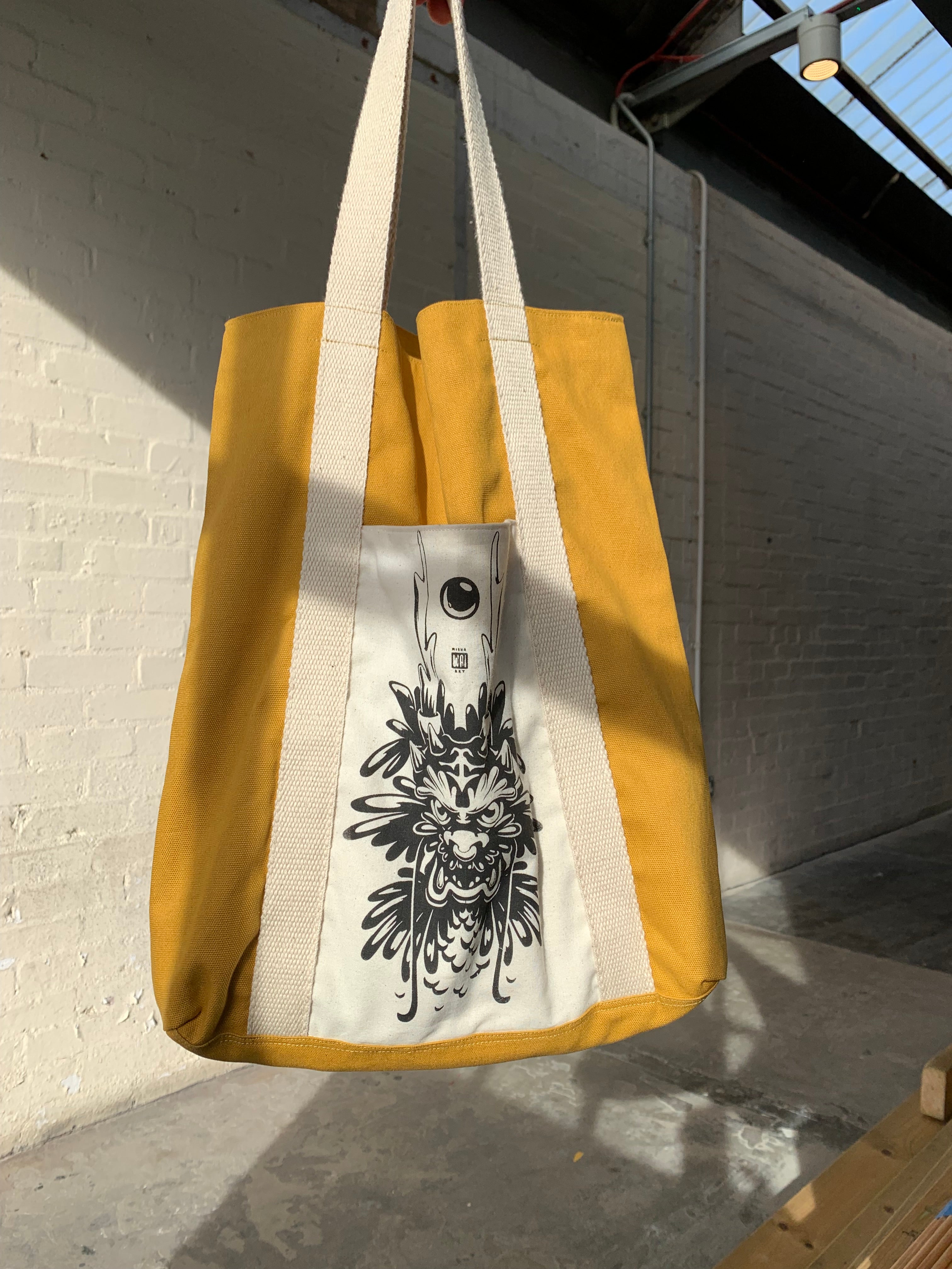 "Dragon" Yellow Hand-sewed Tote Bag