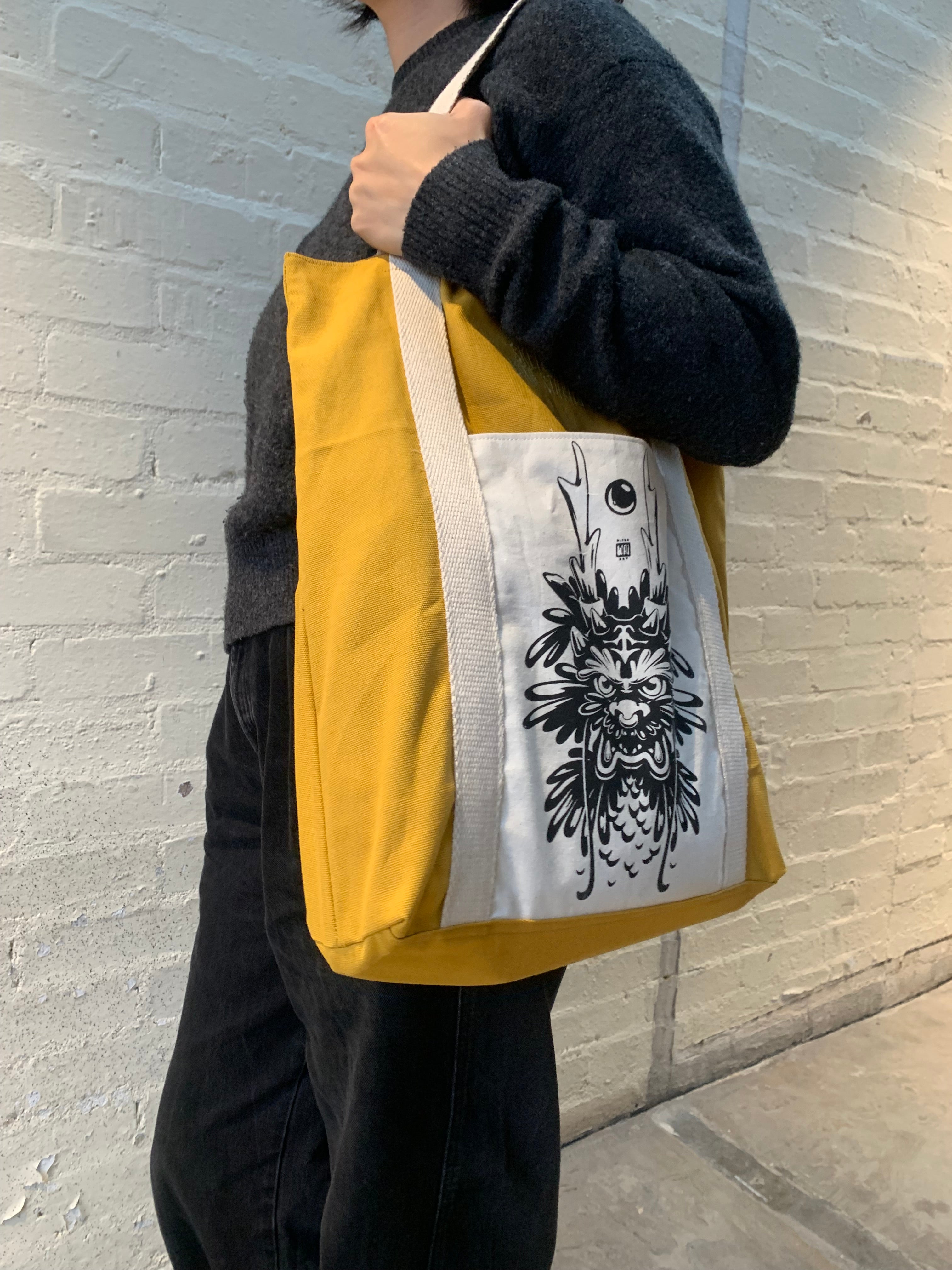 "Dragon" Yellow Hand-sewed Tote Bag