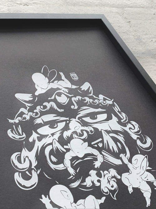 A close-up image of Asian creature with earrings stuck around by faceless elves printed with white water-based ink on black paper.