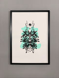 Hand-pulled 2-layer screen print featuring a green and black Asian dragon clutching a celestial pearl, limited edition wall art.