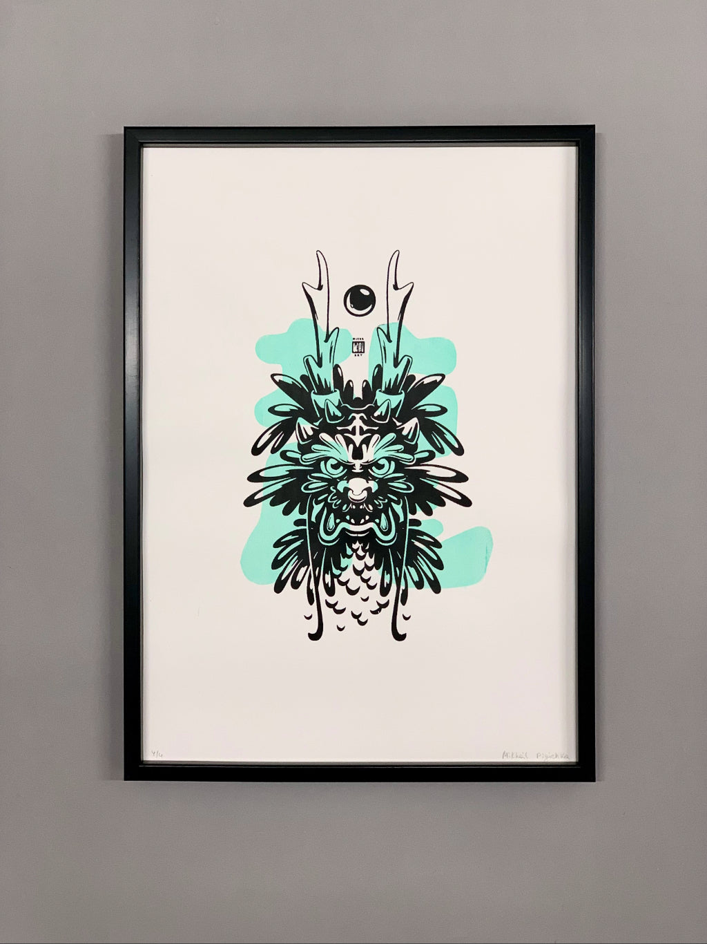 Hand-pulled 2-layer screen print featuring a green and black Asian dragon clutching a celestial pearl, limited edition wall art.
