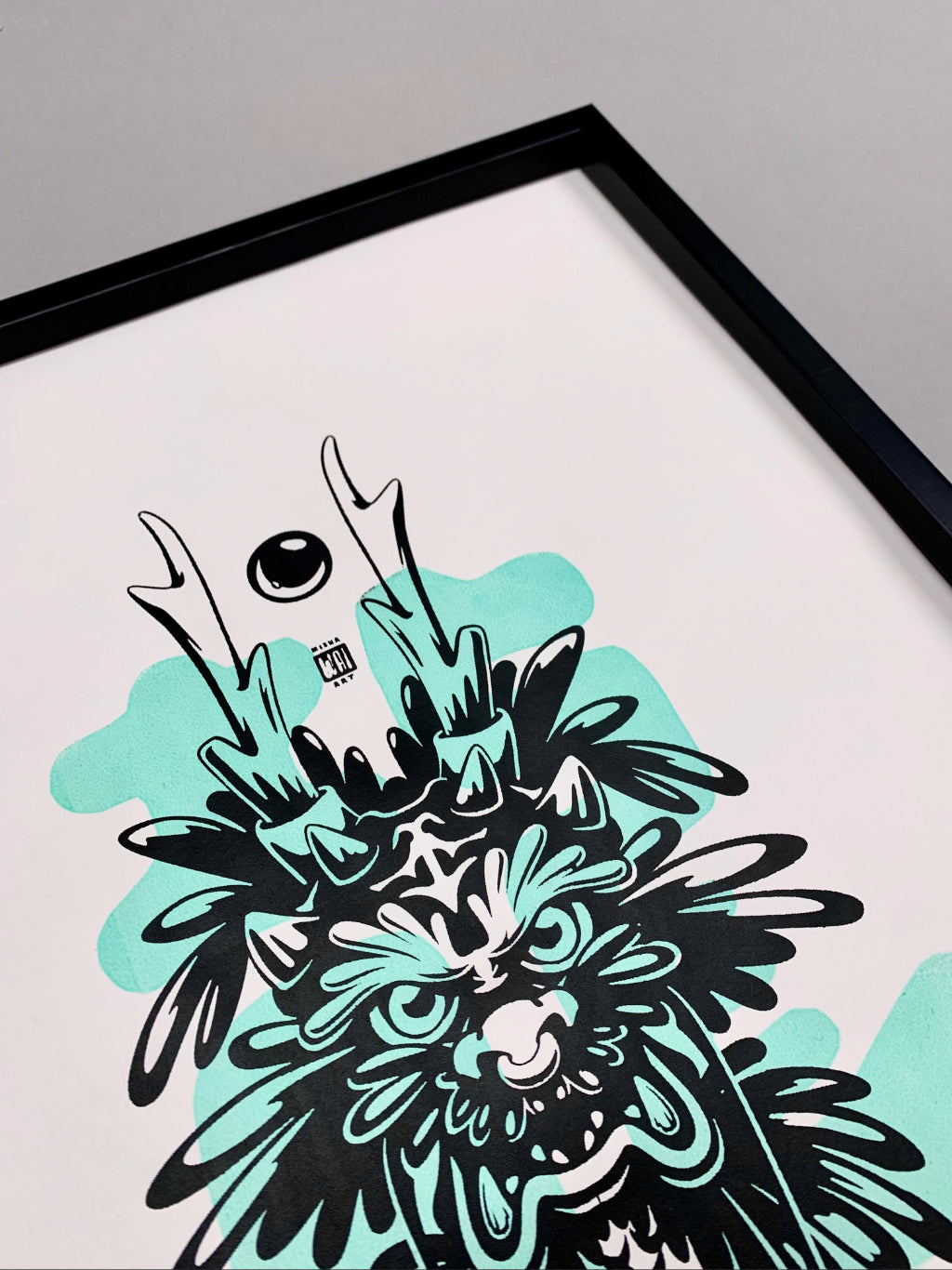 Hand-pulled 2-layer screen print featuring a green and black Asian dragon clutching a celestial pearl, limited edition wall art.