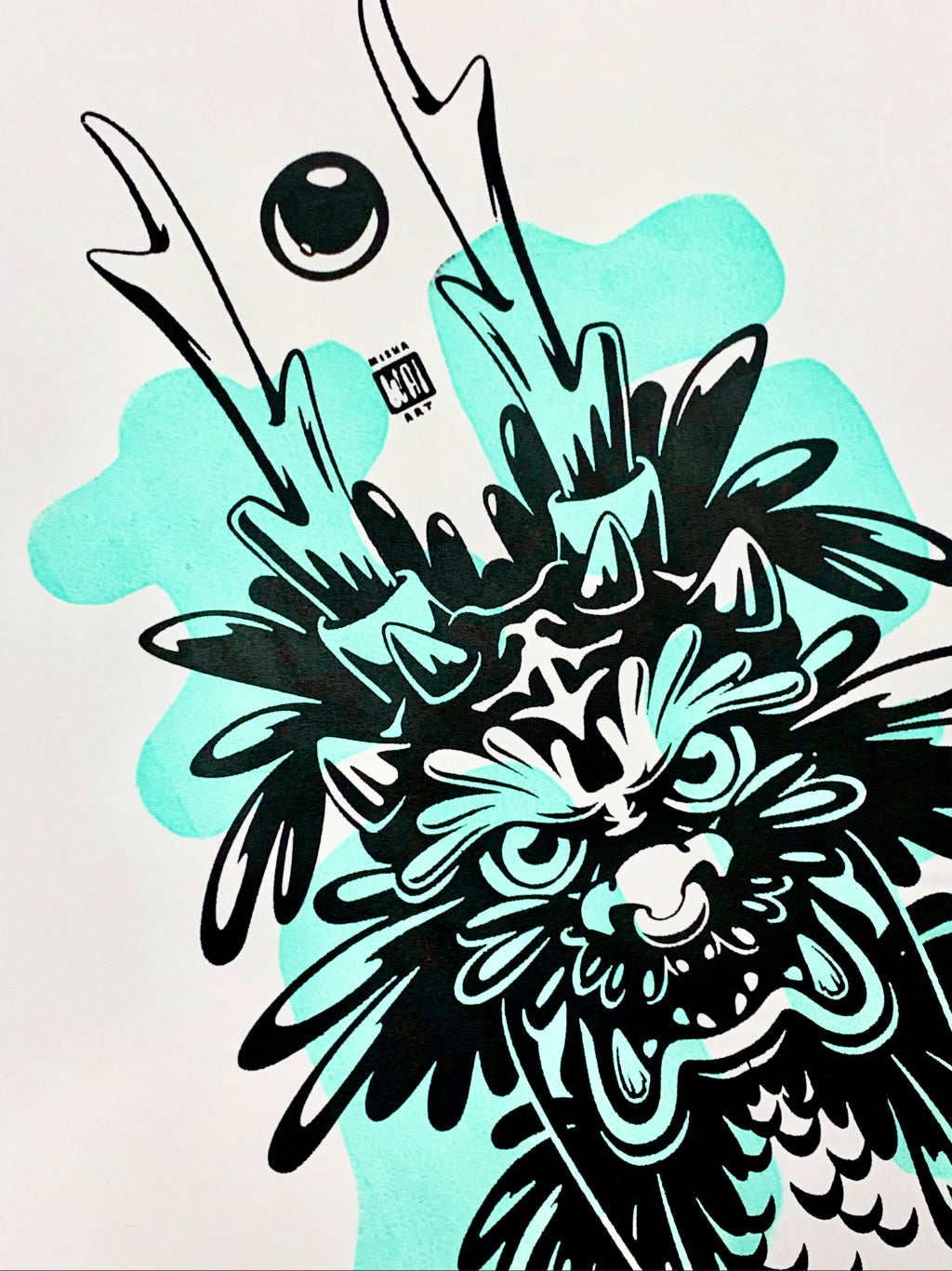Hand-pulled 2-layer screen print featuring a green and black Asian dragon clutching a celestial pearl, limited edition wall art.